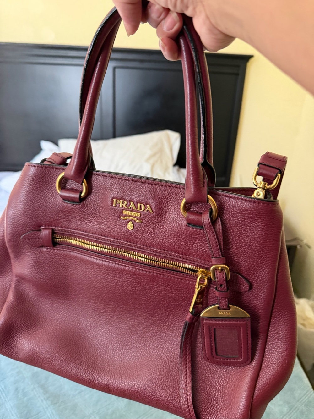 Prada Burgundy Leather Shoulder Tote with Gold Hardware - Picture 2 of 8
